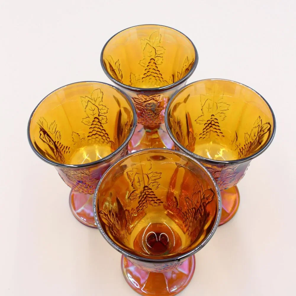 Vintage Indiana Carnival Glass Goblet Set‎ of 4 Iridescent Gold Harvest Grape
